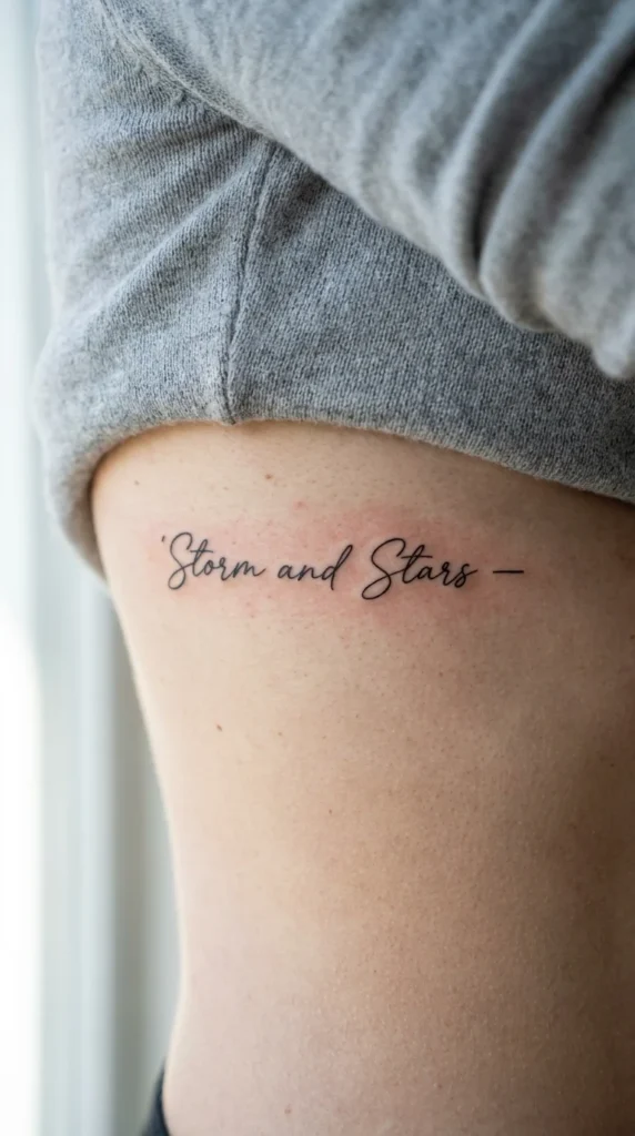 Cursive word tattoo ribs duality