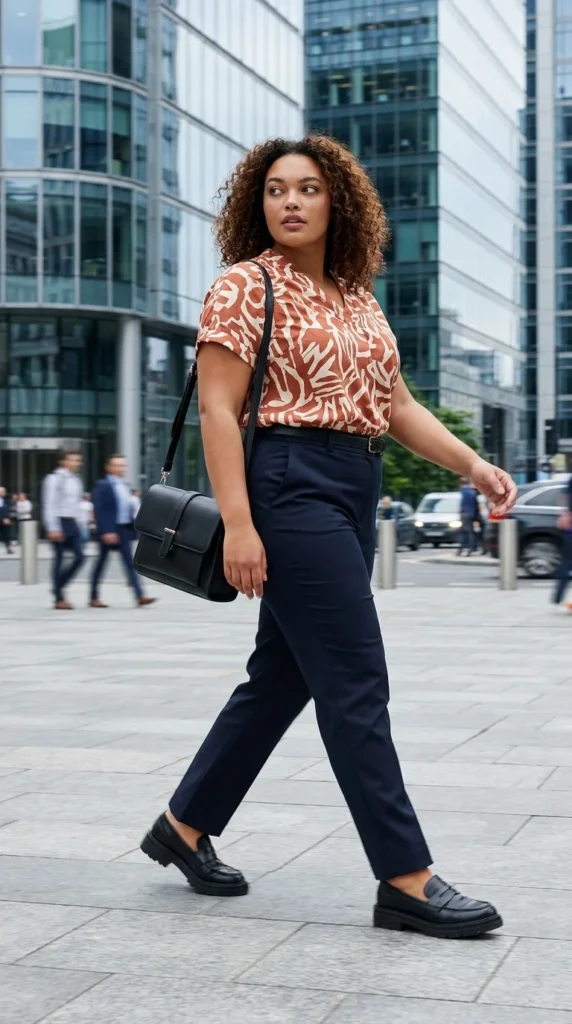 Curvy business casual outfits printed blouse dark trousers