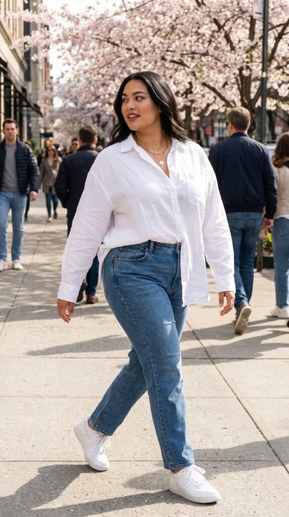 Curvy spring casual denim outfit idea