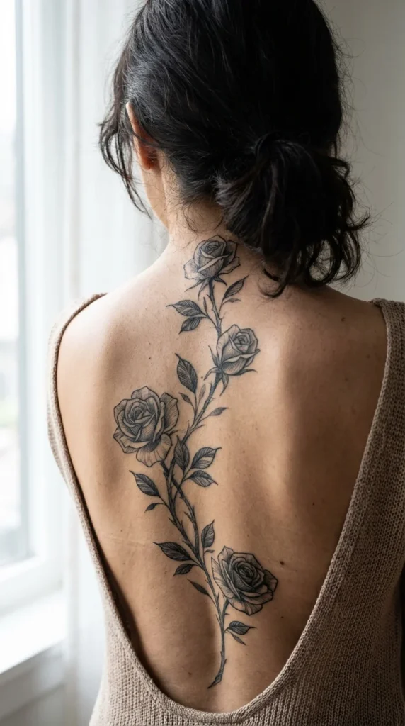 Dark feminine spine tattoo black rose vine