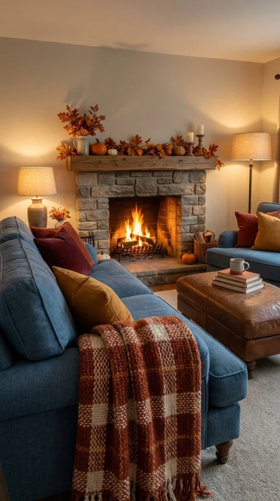 Denim blue couch cozy fireplace living room