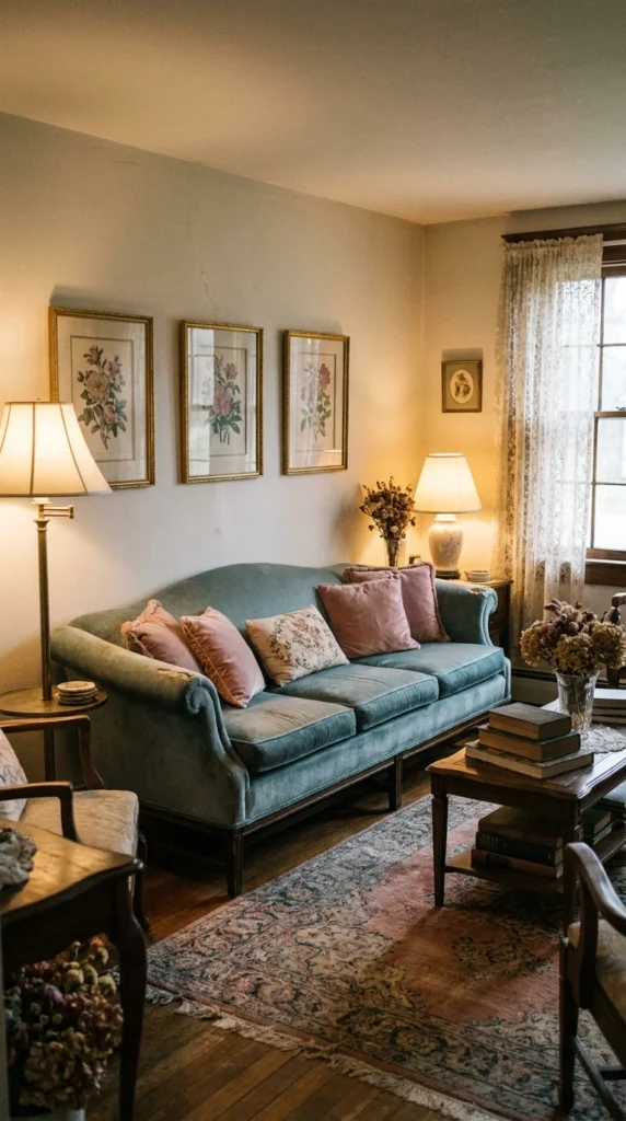 Duck egg blue sofa vintage living room