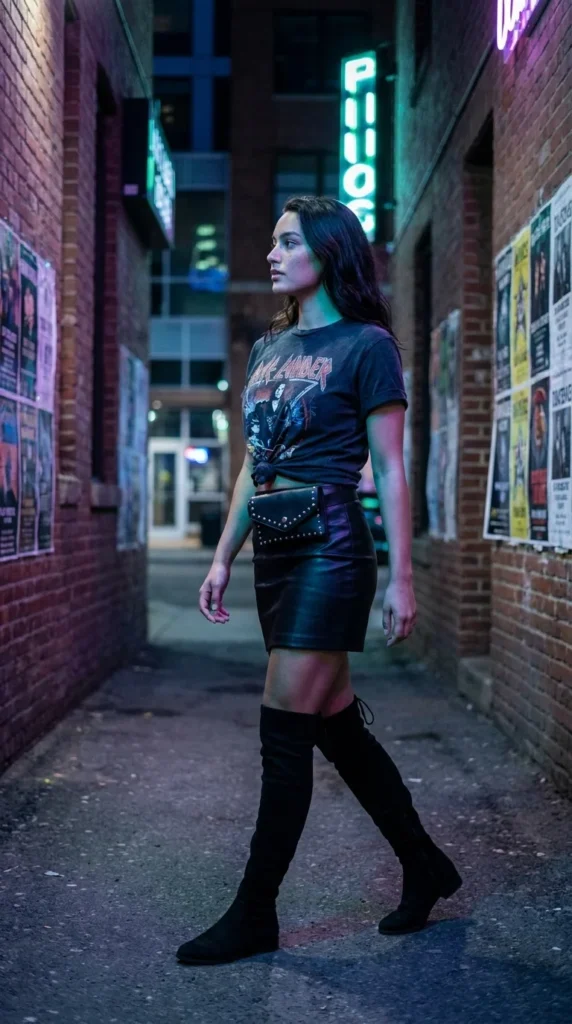 Faux leather skirt concert look night