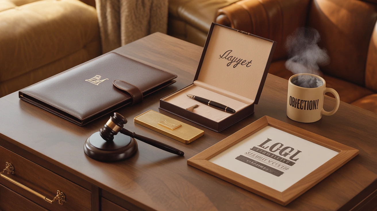 Gift ideas for lawyers flat-lay editorial