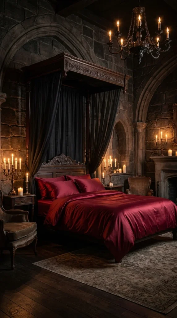 Gothic bedroom black canopy red bedding