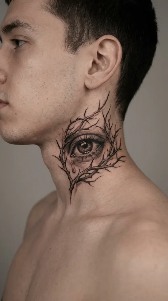 Gothic eye neck tattoo