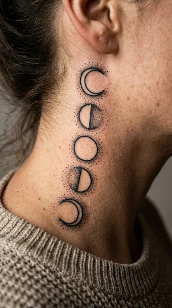 Gothic moon phase neck tattoo
