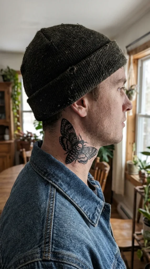 Gothic moth neck tattoo