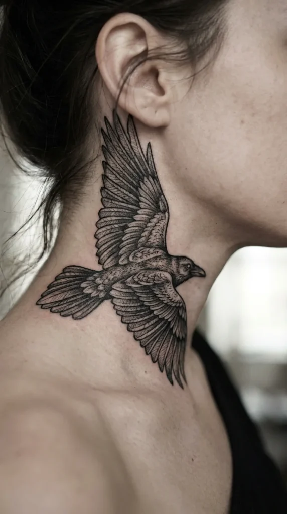 Gothic raven neck tattoo