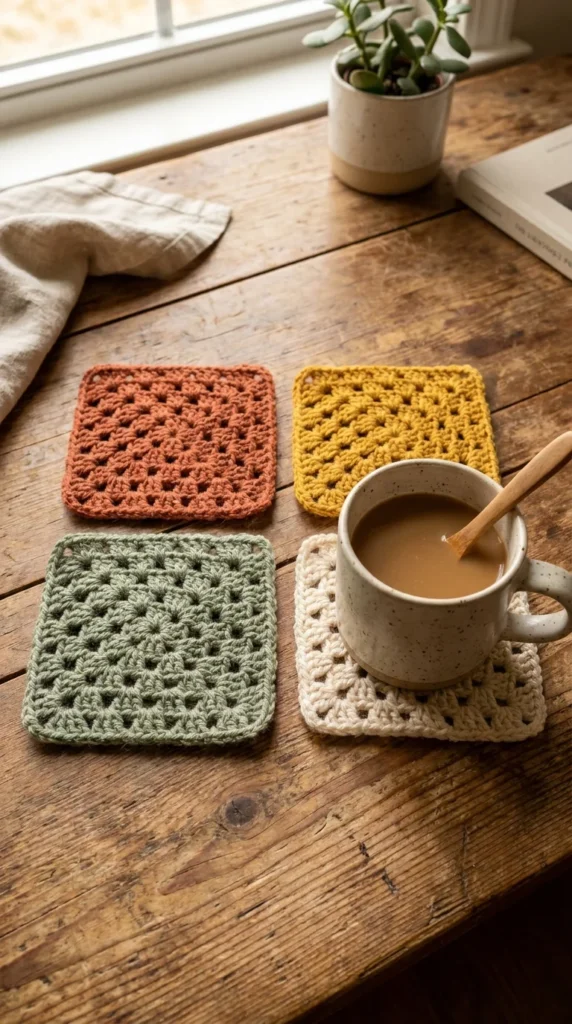 Granny square crochet coasters