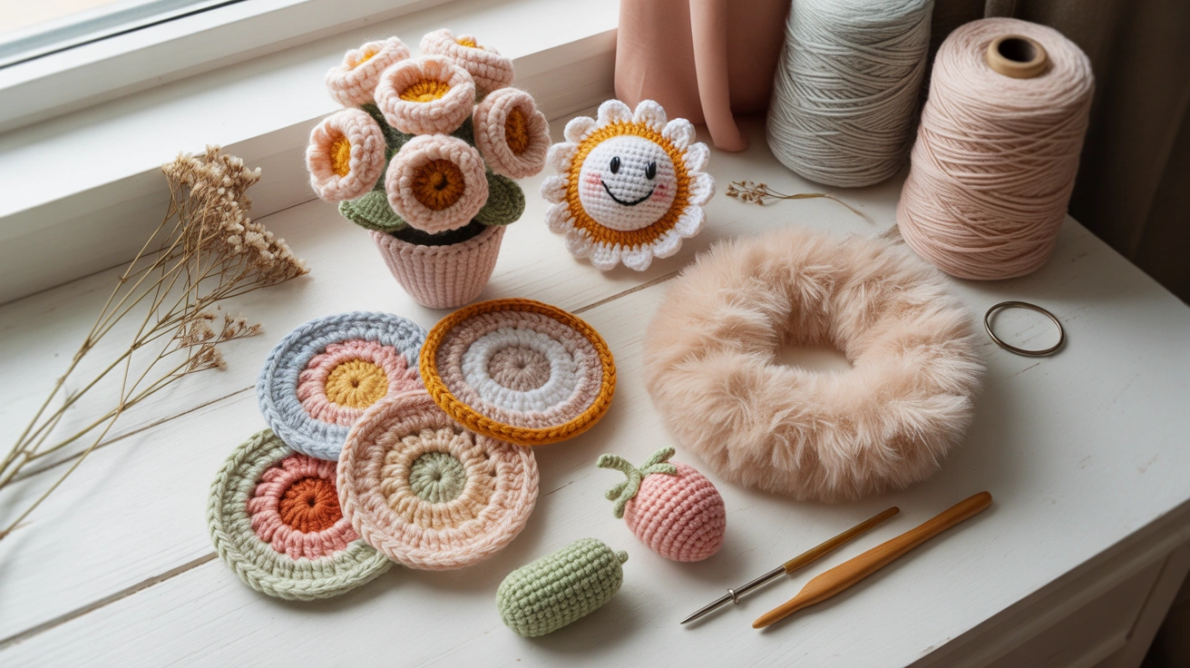 Handmade crochet gifts flat lay assortment