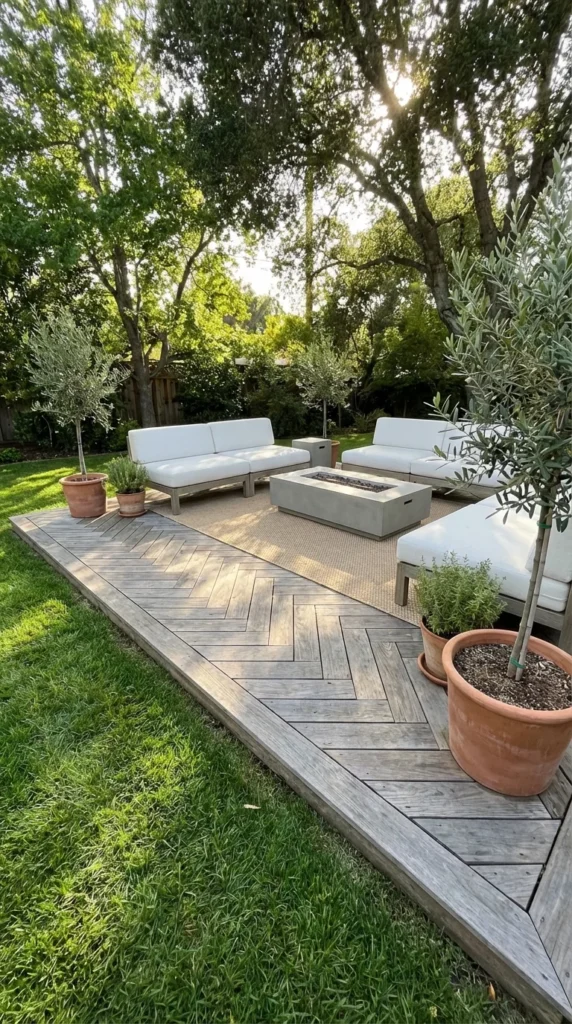 Herringbone wood low platform deck