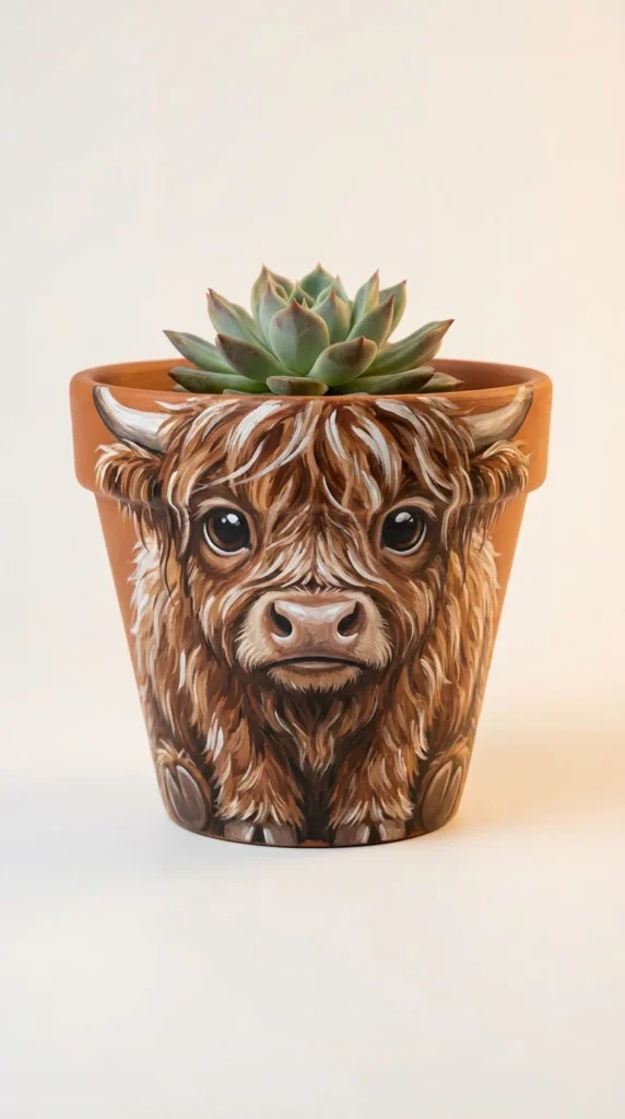 Highland cow painted clay pot