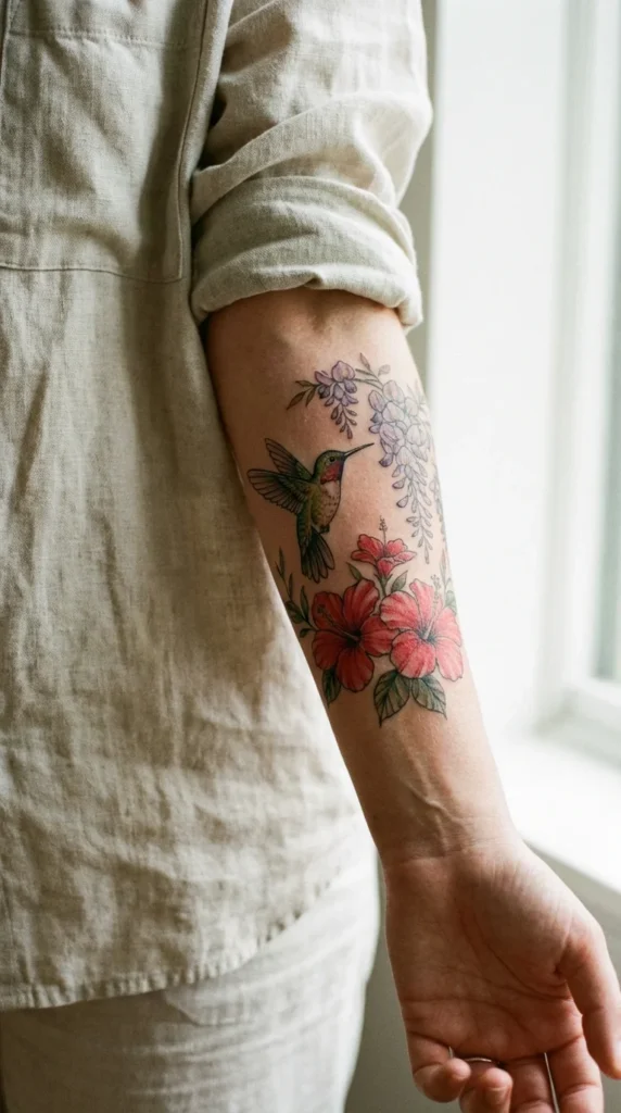 Hummingbird floral sleeve tattoo women