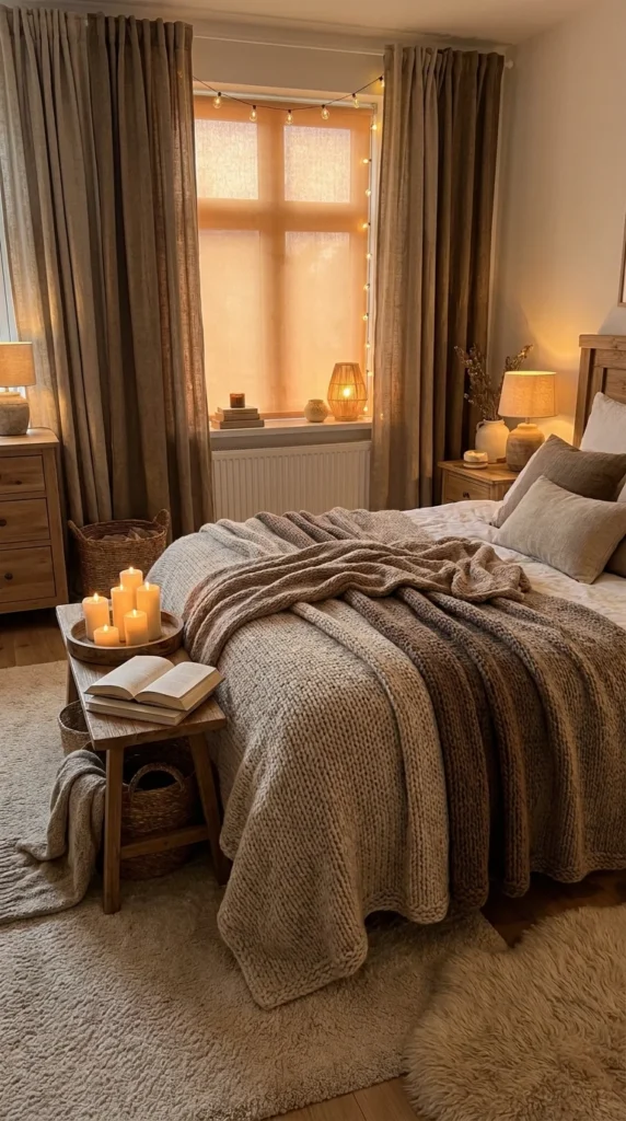 Hygge cozy bedroom layers