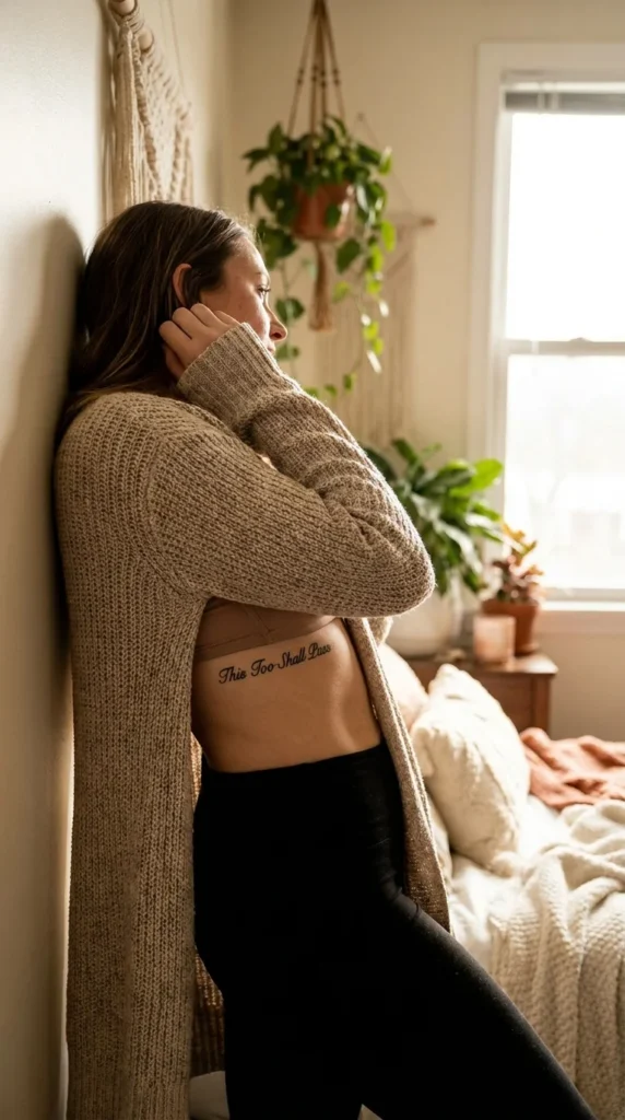 Inspirational word tattoo ribcage serif font