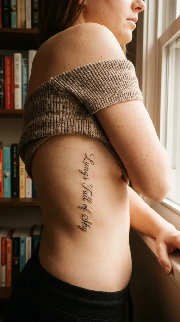 Italic script rib tattoo fine line
