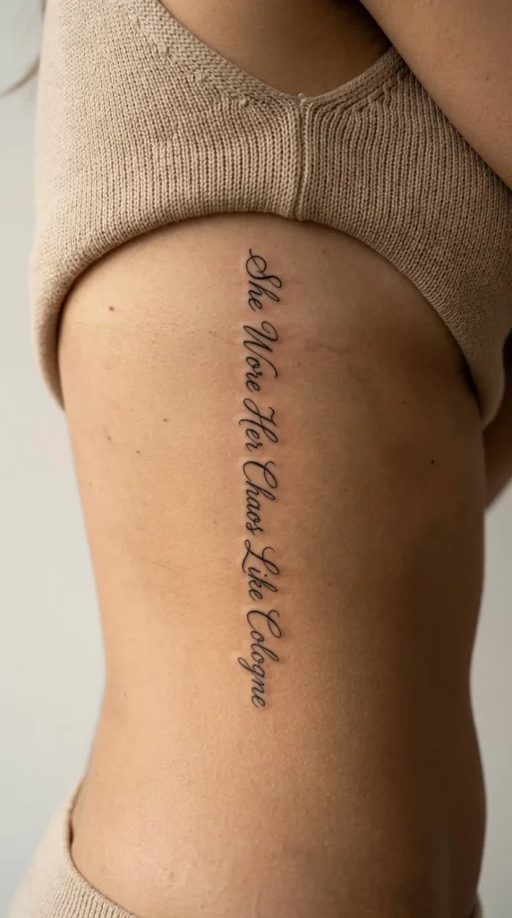 Italic script rib tattoo side body