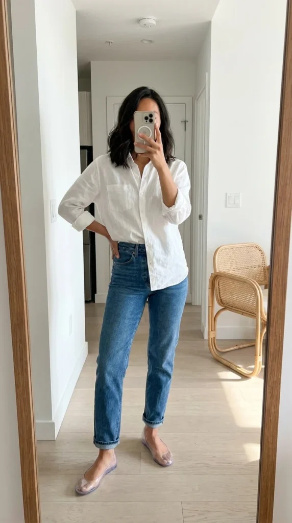 Jelly flats with jeans outfit