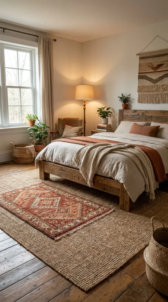 Jute rug earthy bedroom