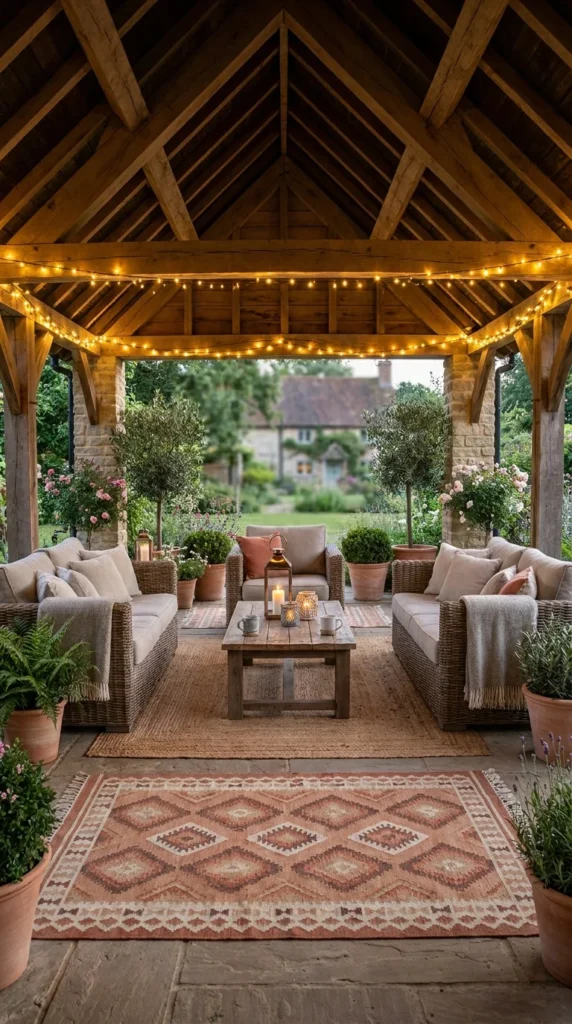 Layered outdoor pavilion rug