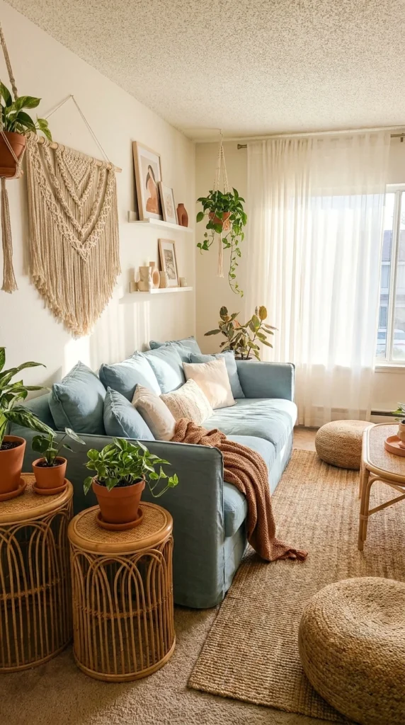 Light blue sofa boho living room