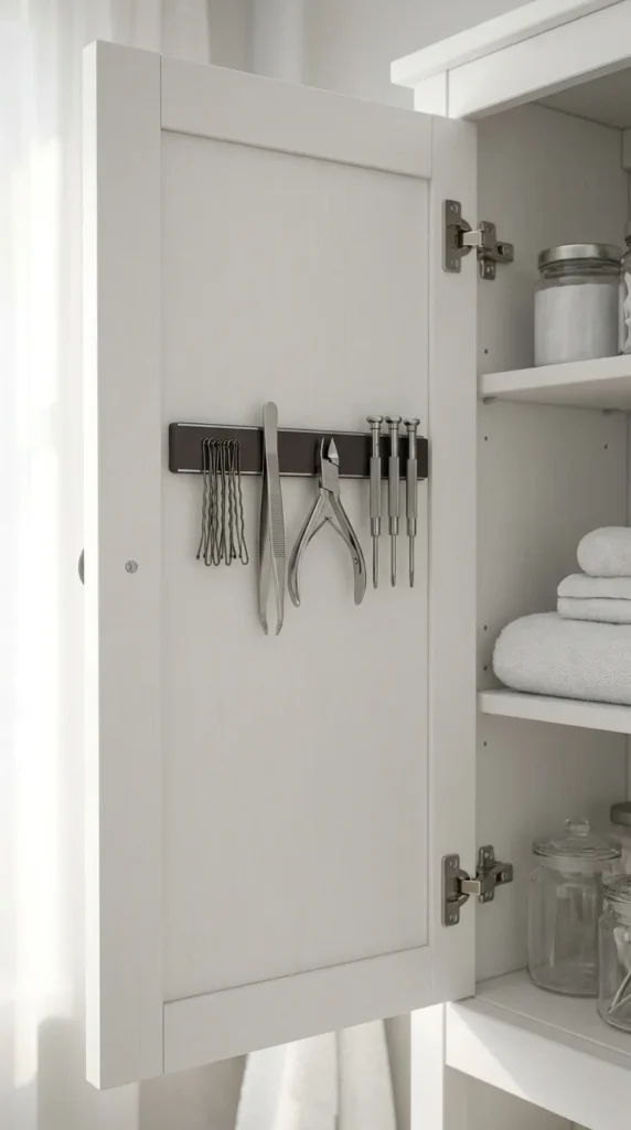 Magnetic strip bathroom organizer