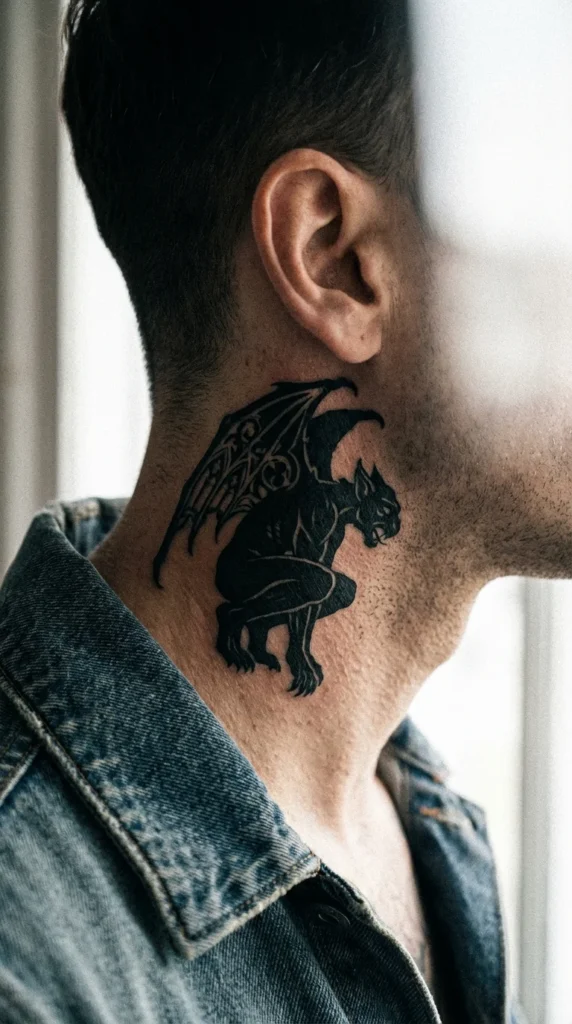 Medieval gargoyle neck tattoo