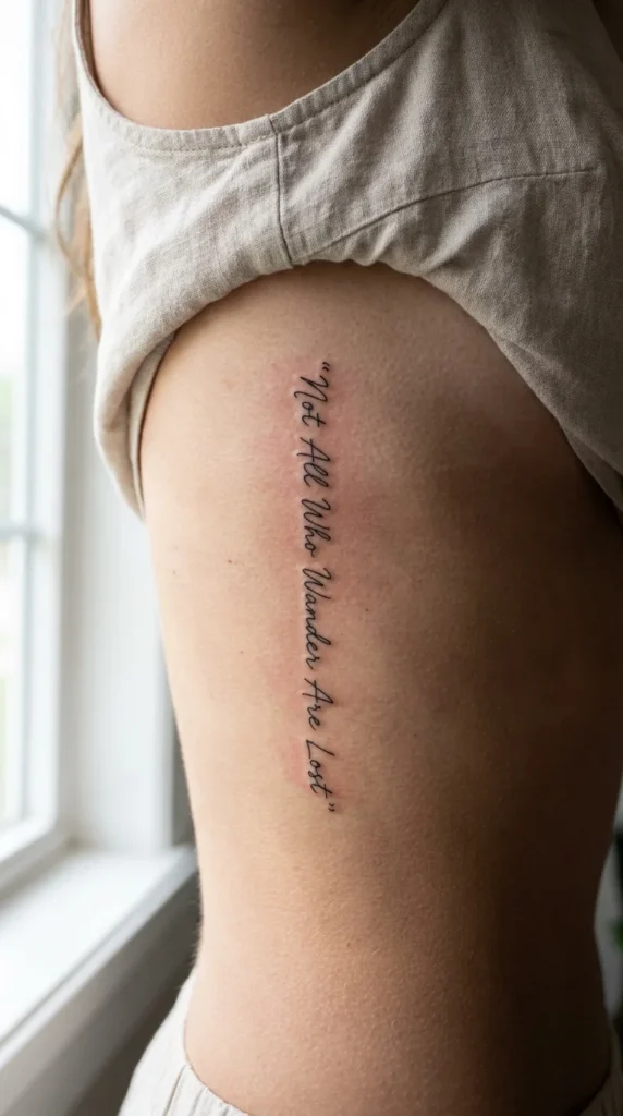 Micro lettering rib tattoo script