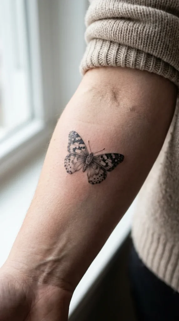 Micro realism forearm tattoo butterfly