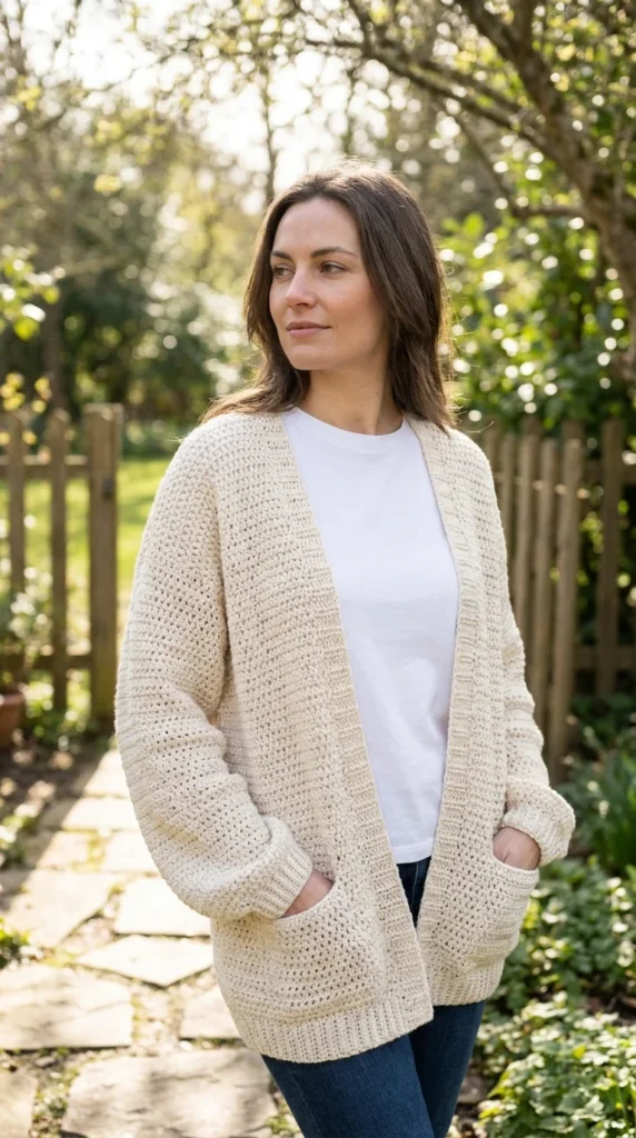 Minimalist crochet cardigan quiet luxury