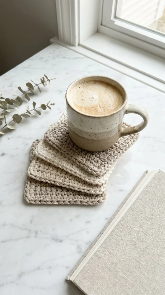 Minimalist crochet coasters neutral home