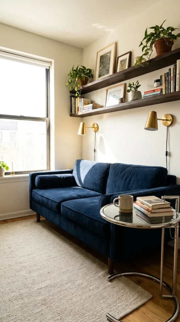 Navy blue sofa small apartment living room