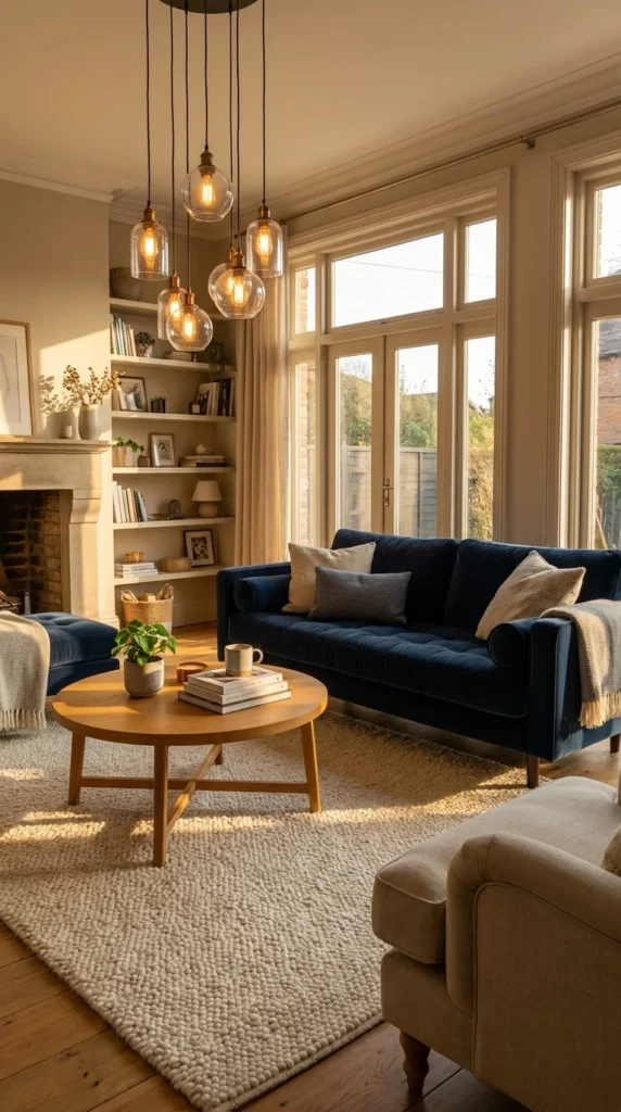 Navy blue velvet sofa living room