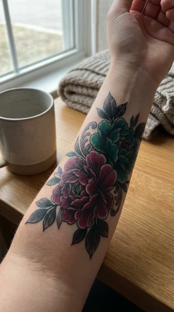 Neotraditional floral forearm tattoo