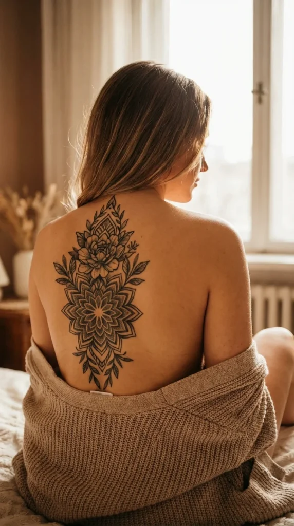 Ornamental spine tattoo dark floral feminine
