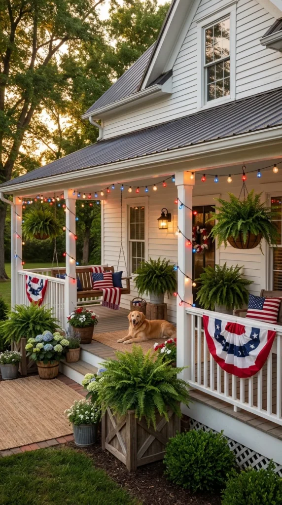 Patriotic outdoor string lights porch