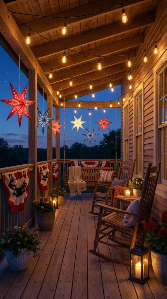 Patriotic string lights porch night