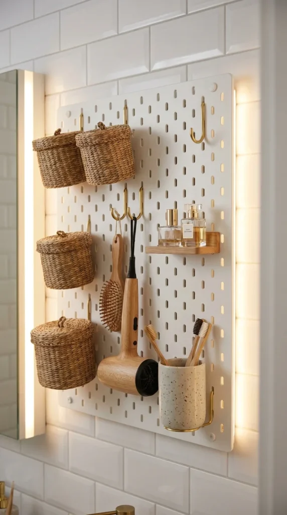 Pegboard wall bathroom storage panel