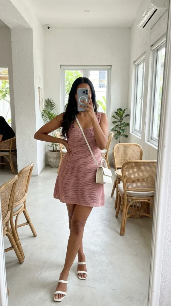 Pink crochet mini dress brunch