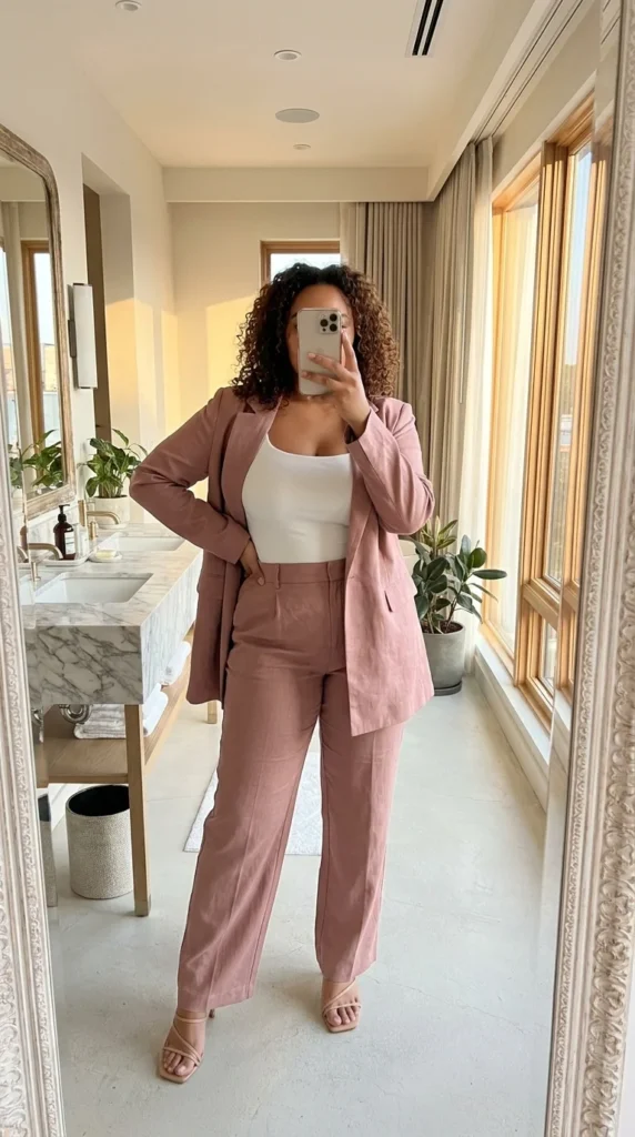 Plus size 2 piece blazer set office misty rose