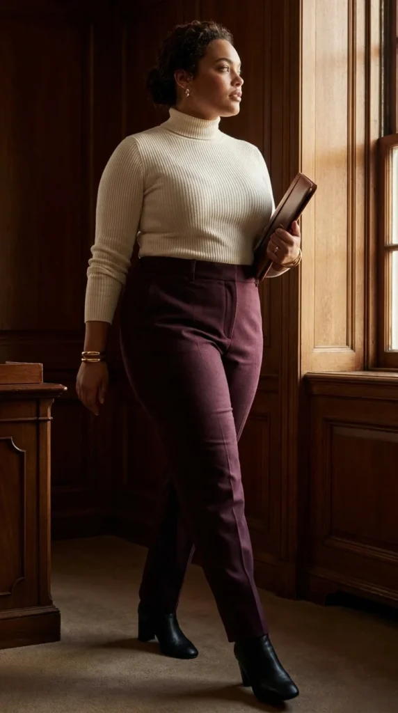 Plus size business casual fall outfits turtleneck trousers