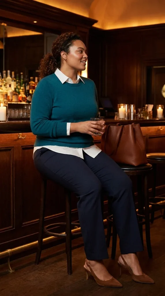 Plus size business casual outfits teal sweater navy trousers