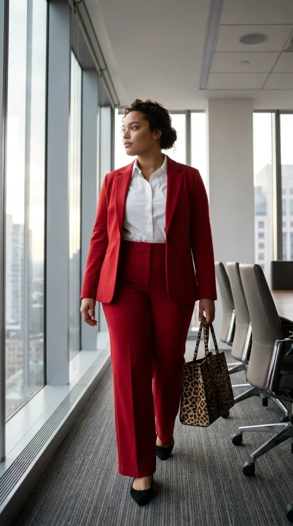 Plus size ponte pants work outfit red power suit