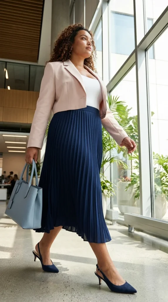 Plus size spring work outfits cropped blazer midi skirt