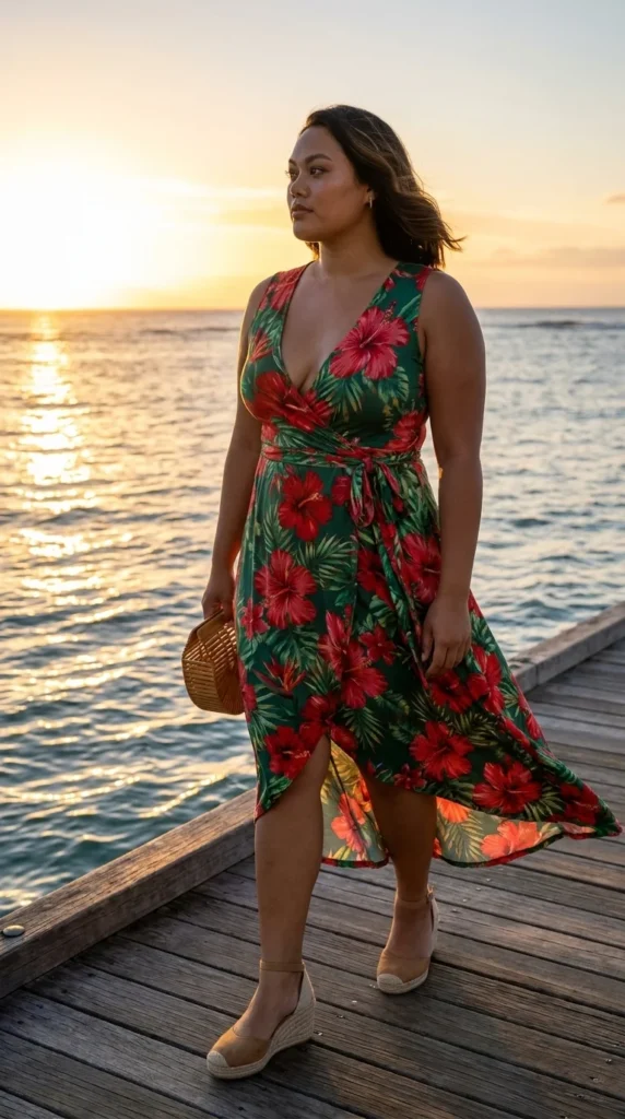 Plus size tropical wrap dress dinner