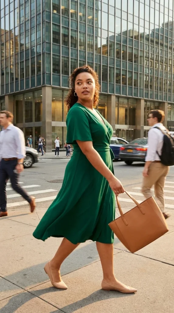 Plus size wrap dress for work emerald green