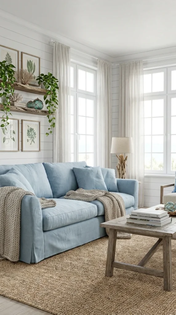 Powder blue couch coastal living room