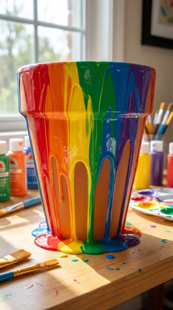 Rainbow pour painted flower pot