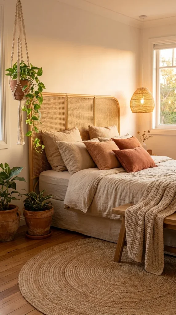 Rattan headboard boho bedroom